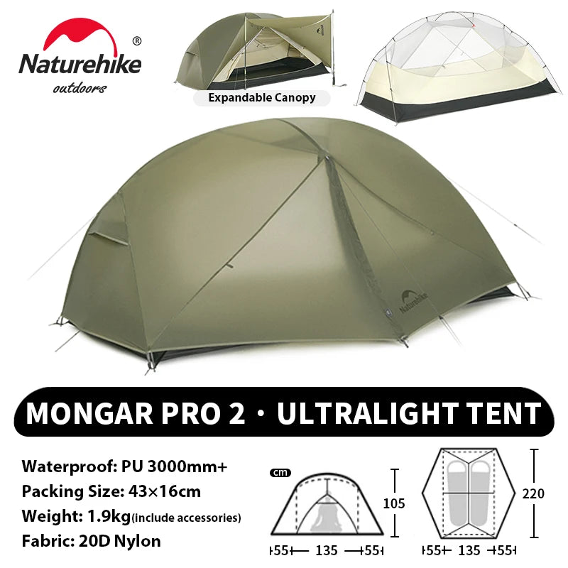 Naturehike Mongar UL PRO 1-3 People Tent 20D Ultralight Travel Waterproof Hiking Survival Outdoor Camping Portable Sun Shelter