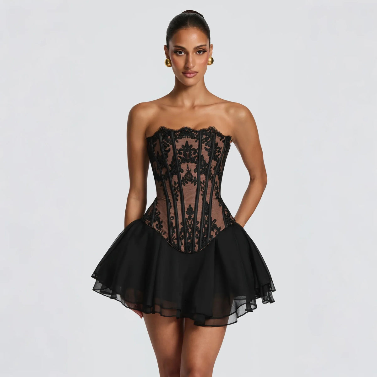 Mingmingxi Summer Sexy 2 Pieces Set Black Strapless Corset Dress Lace Up Top and Fluffy Mini Skirt Set Casual Club Party Dress