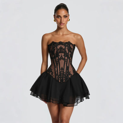 Mingmingxi Summer Sexy 2 Pieces Set Black Strapless Corset Dress Lace Up Top and Fluffy Mini Skirt Set Casual Club Party Dress
