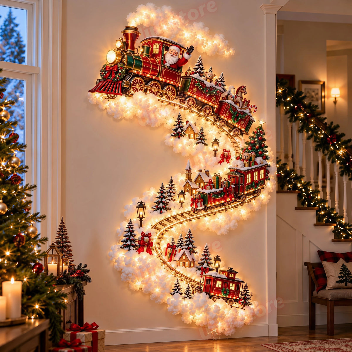 Christmas Magic Trail Wall Light-LED Glowing Christmas Scene Wall Decoration,Santa Sleigh Reindeer Hanging Decoration for Party