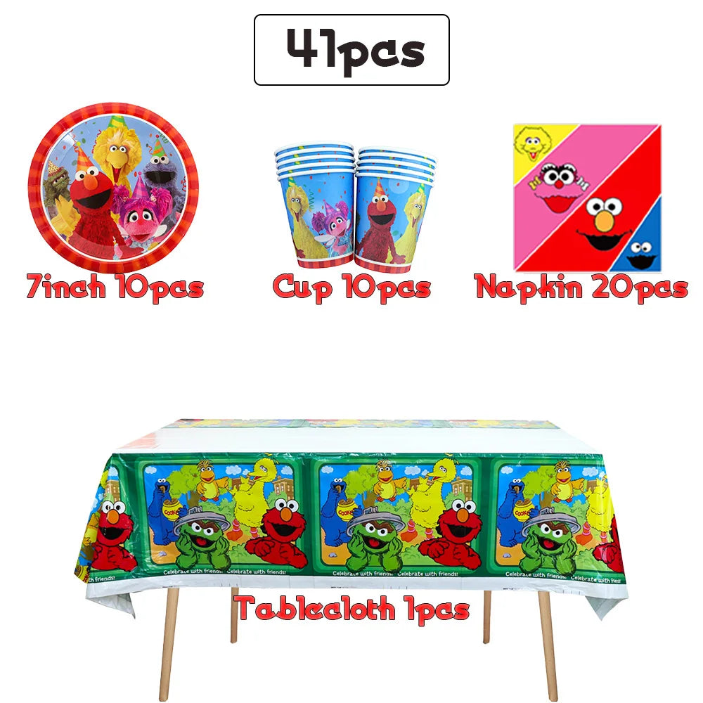 Cartoon Sesames  Street Birthday Party Decor Elmo and Friends Theme Tablecloth Plate Balloon Set Cake Decor Baby Shower