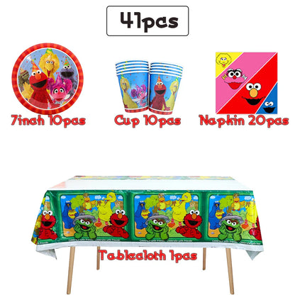 Cartoon Sesames  Street Birthday Party Decor Elmo and Friends Theme Tablecloth Plate Balloon Set Cake Decor Baby Shower