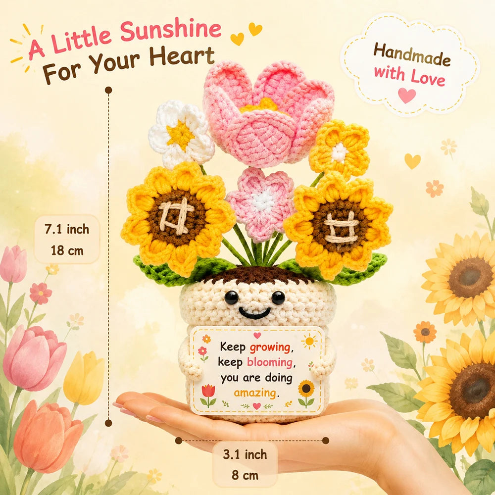 Positive Crochet Handmade Amigurumi Doll Emotional Support Pocket Hug Knit Plant Flower Encouragement Gift for Friends Coworker