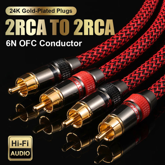 QINCROWN 1 Pair 2‑RCA to 2‑RCA Hi‑Fi Stereo Cable, 6N OFC Male‑to‑Male, Gold‑Plated Plugs, for Amplifier, TV, Car Audio.