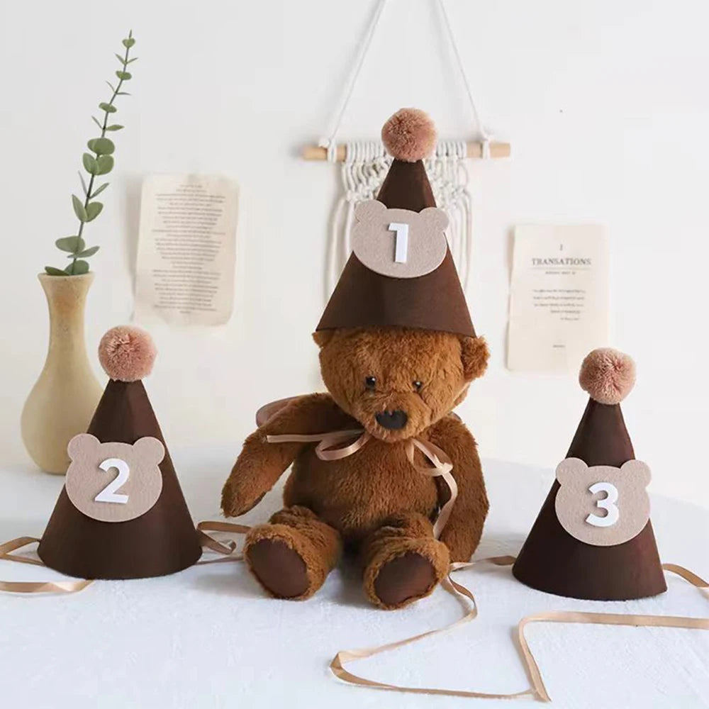 Cute Bear Kids 1st Birthday Hat Thick Non-woven Cute Bear Felt Birthday Banner Ball String Baby Shower Party Decoration Supplies