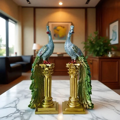 Luxury Couple Peacock Statue Resin Sculpture Gold Column Bird Figurine Home Decor Elegant Living Room Desk Ornament Gift