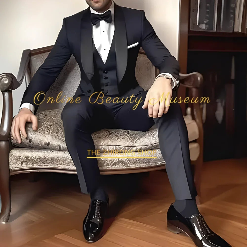 Classic Navy Blue Men's Suit 3-Piece Black Shawl Lapel Jacket Vest Pants Slim Fit Set for Wedding Cocktail Birthday Prom Party