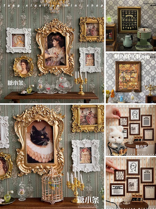 Miniature Photo Frames Retro Mirror for Dollhouse Decor DIY Vintage Gold Ornament European Style Dollhouse Accessories