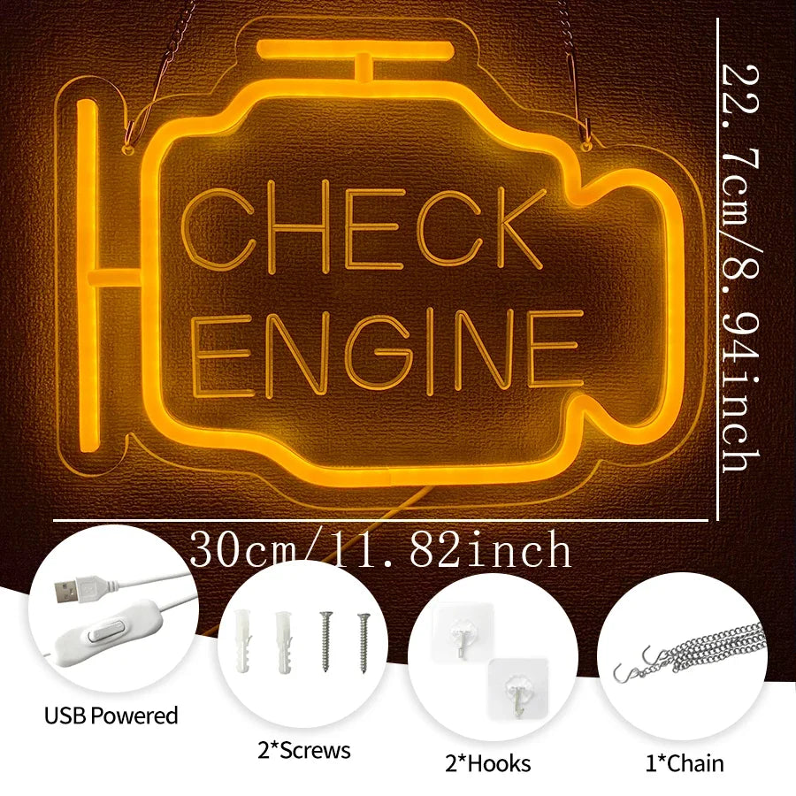 3D Carved Icon, Used For Bedroom, Garage, Game Room, Auto Repair Shop Art Decor, Father'S Day Gift,Check Engine Led Neon Sign.