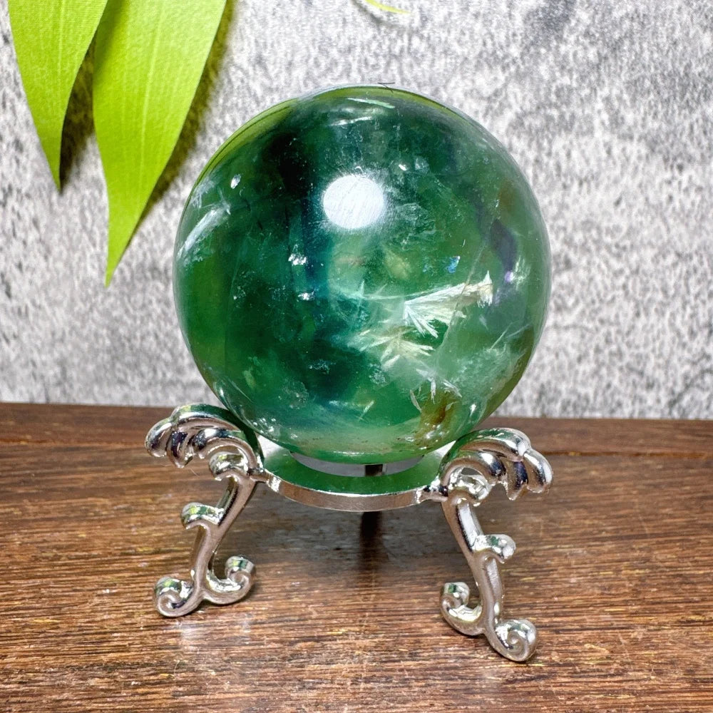 Natural Blue Snowflake Feather Fluorite Spheres Stone Healing Crystal Reiki Energy Home Scene Decorations Gifts+Stand
