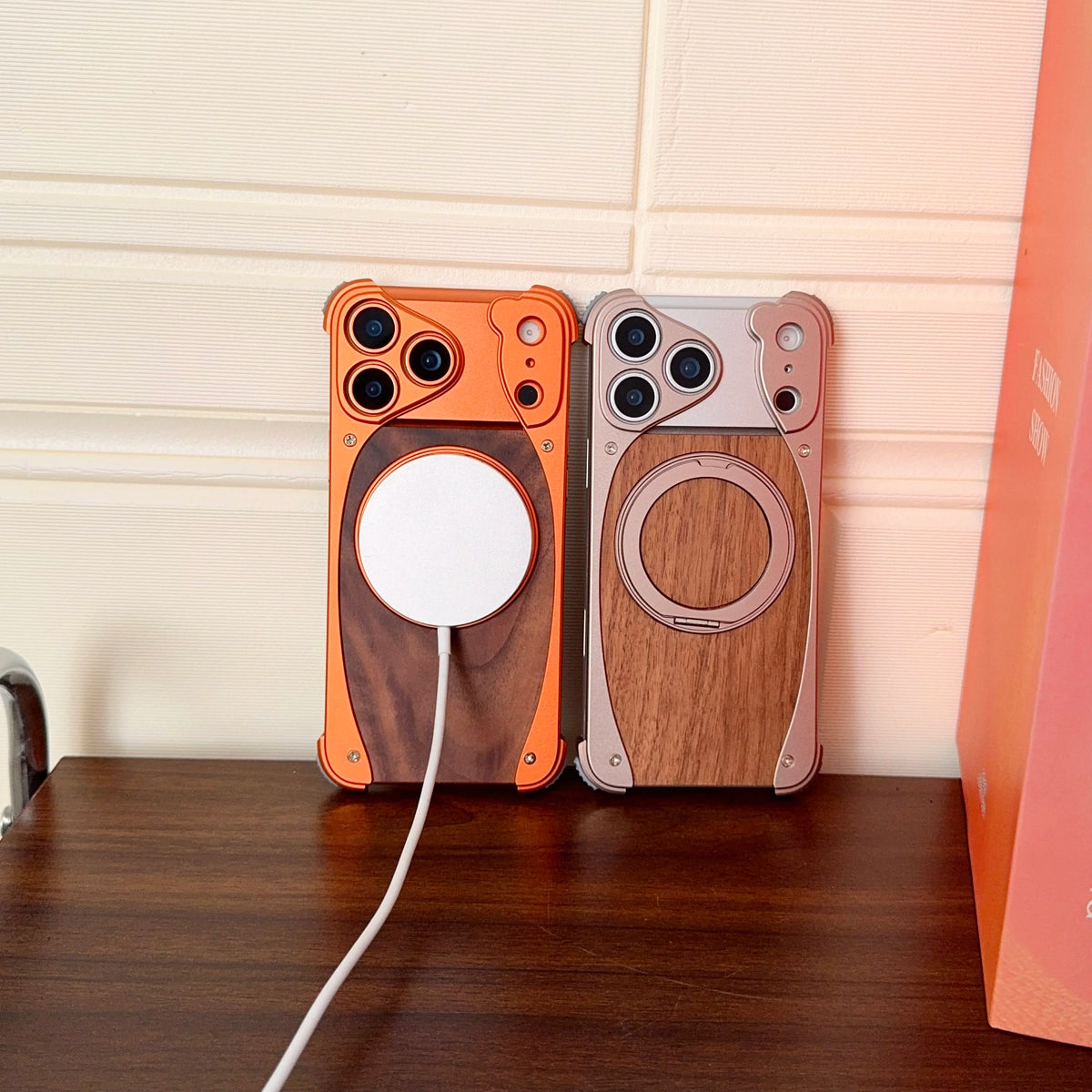 Luxury Metal Frame Walnut Wood Frameless Phone Case For iPhone 18 17 16 15 14 Pro Max Magsafe Magnetic Rotating Bracket Cover