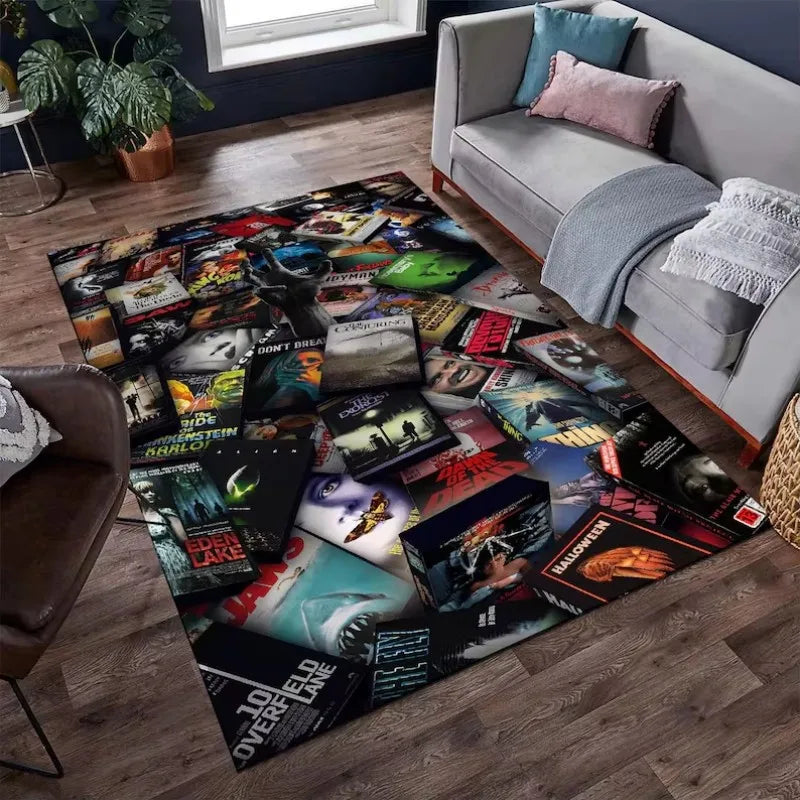 VIKAMA Classic Retro Horror VHS Tape Area Rug, Distressed and Machine-Washable Floor Mat, Living Room Rug, Home Decor