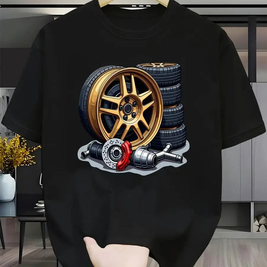 JDM Modified Wheel Hub Brake Embroidery Short-Sleeved Men's Motorcycle Style Casual Round-neck T-Shirt