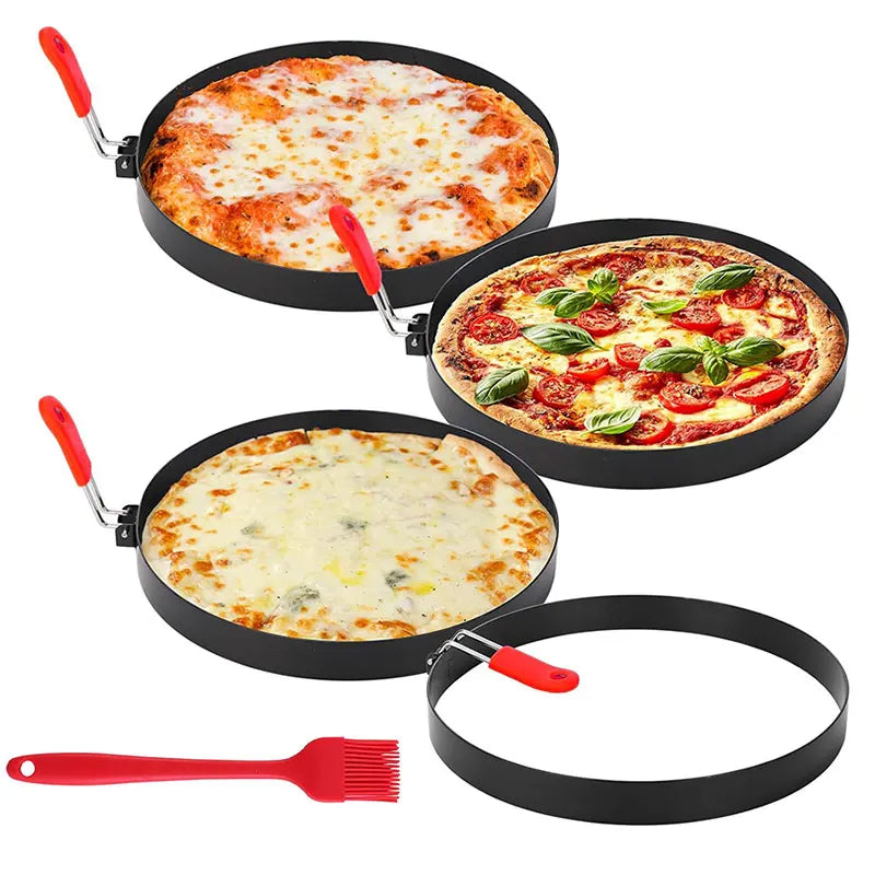 Stainless steel omelette ring molds displayed with pizza and nonstick brush, perfect for cooking and baking.