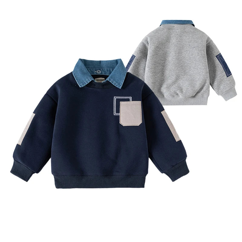 1-8Y Autumn Winter Boys Sweatshirt Fleece Lined Kid's Fake Two-Piece Child's Clothing Korean Style Cotton Kids Pullover Top
