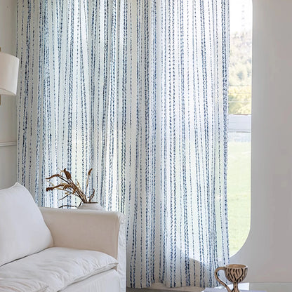 Blue And White Grain Striped Cotton And Linen Curtains, Three-dimensional Texture, Light-transmitting Gauze Curtain