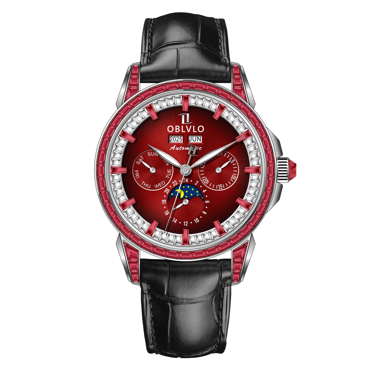 OBLVLO Men's Fashion Automatic Watch Colorful Zircon Moonphase Mechanical Multifunctional Black Leather Strap Timepiece GCM-MUT