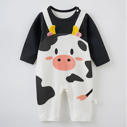 Newborn Baby Unisex Summer Cow Horn Fake Suspender Short Sleeve Spandex Stretch Wrinkle‑Resistant Daily Photo Jumpsuit 0‑18M