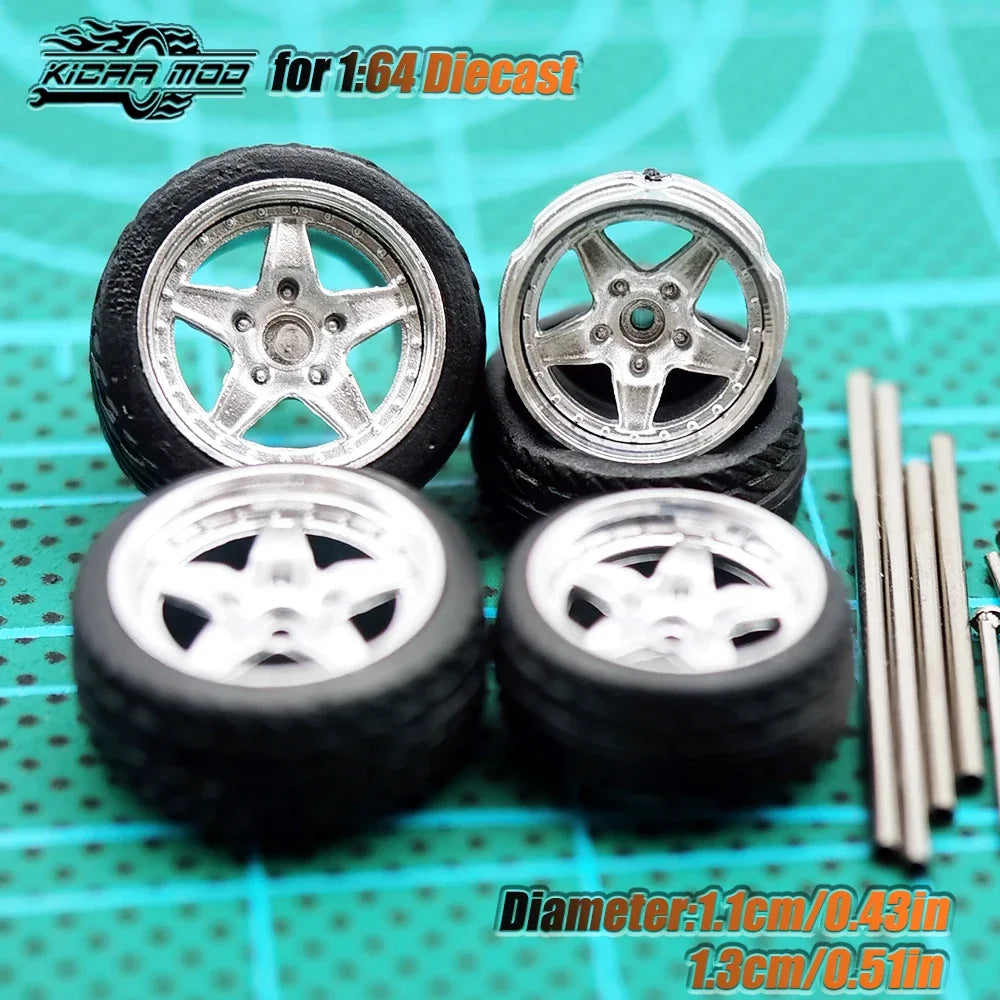 Kicarmod 1/64 Model Car ABS Wheels with Rubber Tire Metal Rims Front Small Rear Large Refitting Parts For Model Car