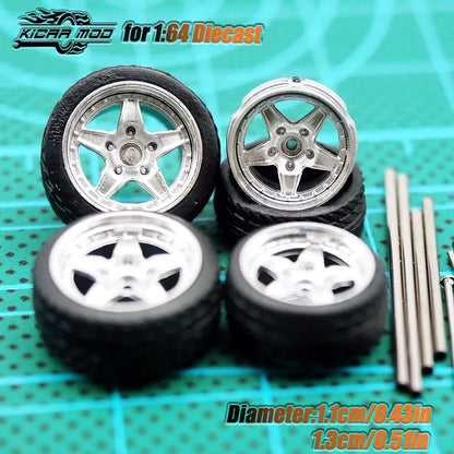 Kicarmod 1/64 Model Car ABS Wheels with Rubber Tire Metal Rims Front Small Rear Large Refitting Parts For Model Car