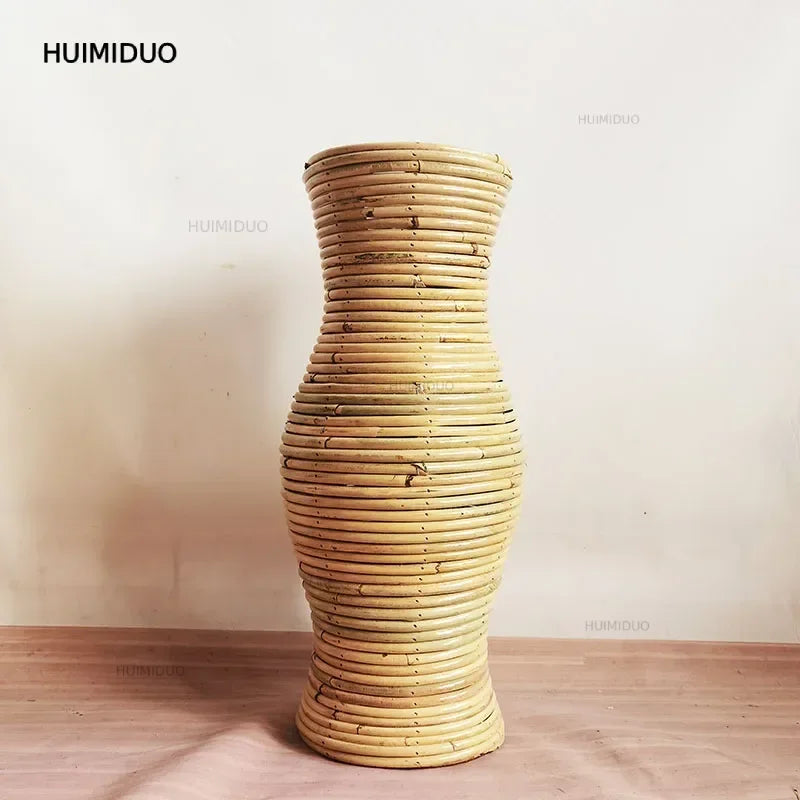 Large Natural Woven Rattan Floor Vase Bohemian Style Eco-Friendly Living Room Centerpiece Standing Planter for Home Decor