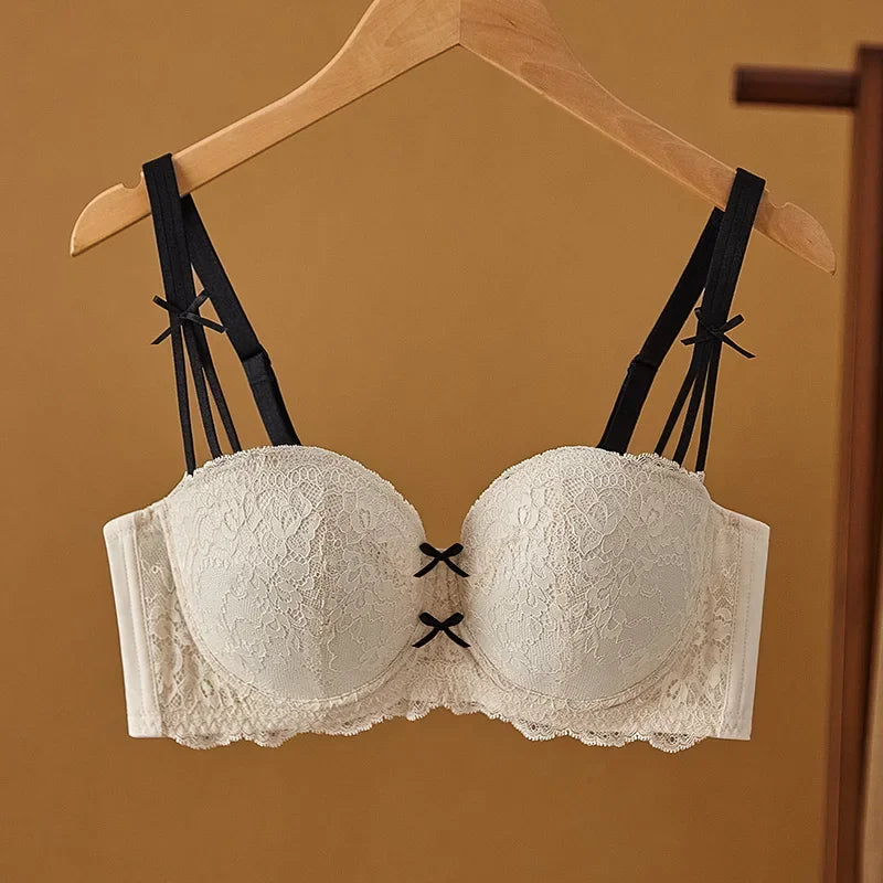 Half Cup Hot Bra Gathered Bowknot Brassiere Thin Large Size Push Up Lace Tube Top Lace Big Chest Revealing Small Lace Bra 9013A