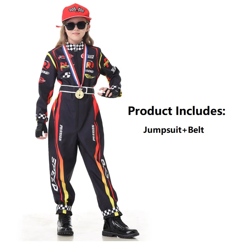 Children's Racing Role-Playing Costume Cosplay Jumpsuit with Belt Set for Boys and Girls Racing Themed Performance Costumes