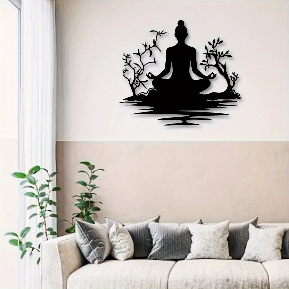 1pc Modern Metal Buddha Statue Wall Sculpture with Zen Tree Design - Black Golden Art Decor for Home  Tranquil Meditation Pose