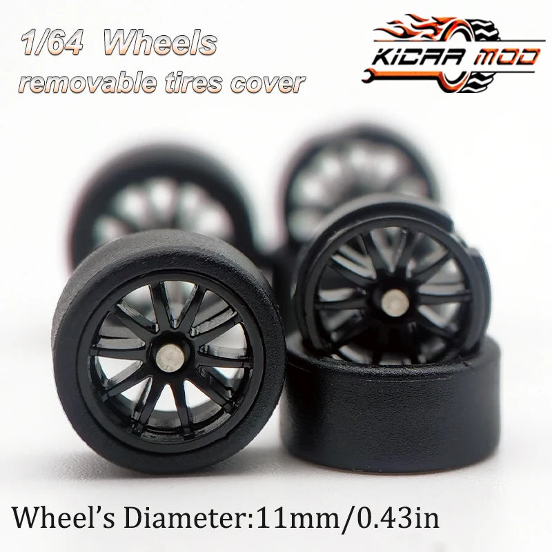 1/64 RLC Premium Wheels with Rubber Slick Tires for 10 Spokes Model Car Refitting Parts D:11mm (1 Set)