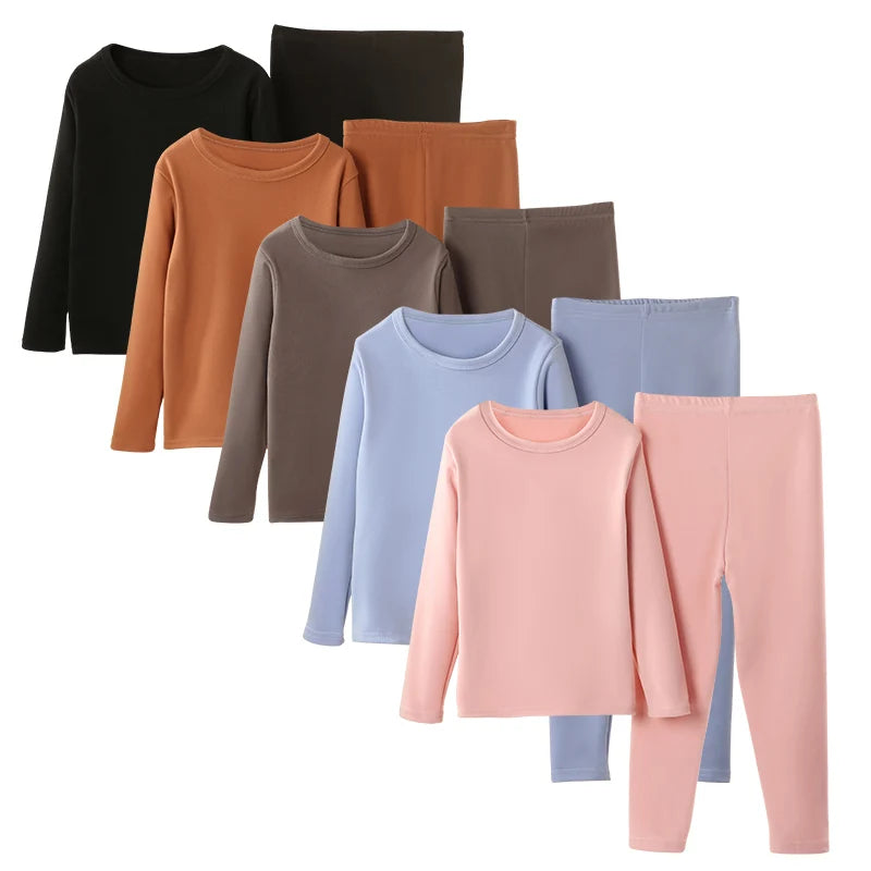 Children's Solid Color Warm Suit Boys and Girls Grinding Wool Autumn Clothes and Trousers 2-Piece Home Clothes Plus Size