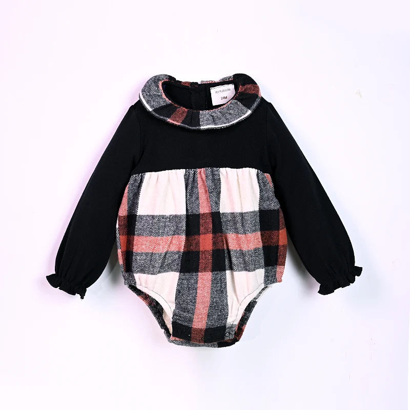 Ali-Plus Family Clothes Set Black Cotton Mousse Cashme Plaid Girl Dress Vest Shirt Black Mock Neck Top Plaid for Autumn Children