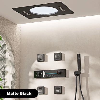 Gunmetal Gray Ceiling Mounted 4-Function Waterfall Shower System with Embedded Brass Thermostatic LED Display Body for Bathroom