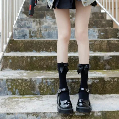 Opaque Bow Knee High Socks New Women Black White Sexy Thigh High Stockings over Knee Long Tights for Girls Ladies
