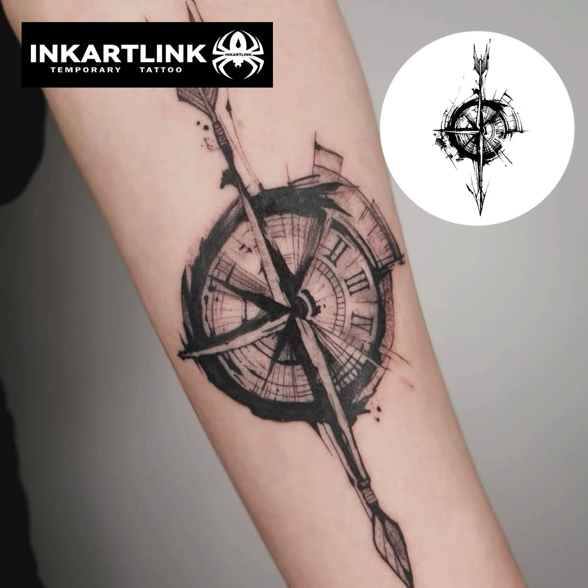 Compass temporary tattoo sticker, waterproof magic tattoo, lasts to 15 days fake tattoo, semi permanent tattoo