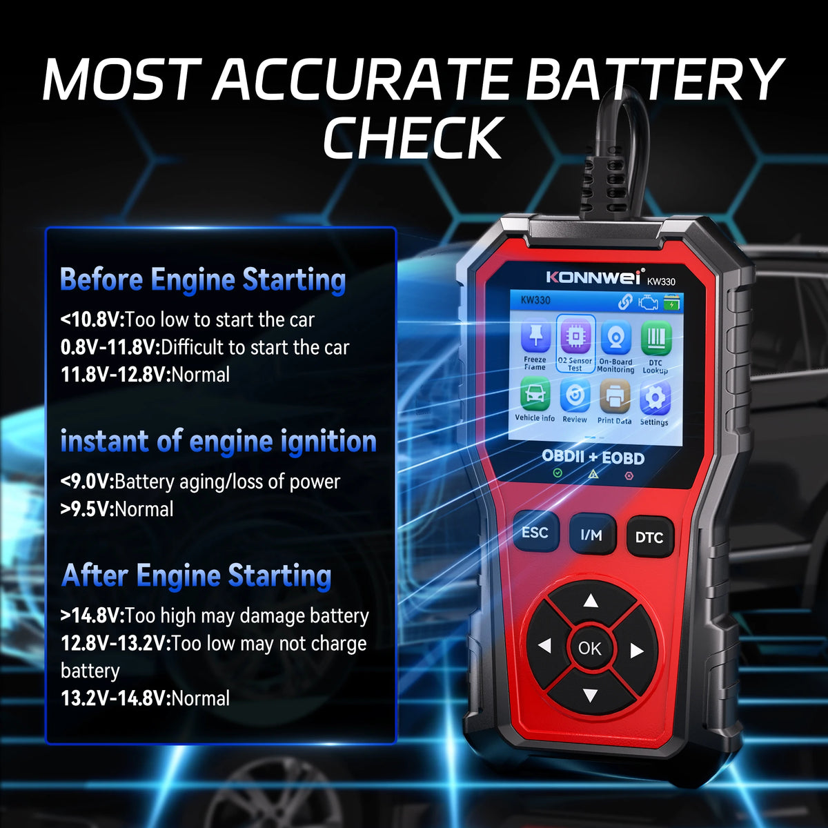 2026 KONNWEI KW330 Car OBD2 Diagnosis Tool Fault Scanner Engine Battery Test DTC LOOKUP Real-Time Data Stream OBD InspectionTool