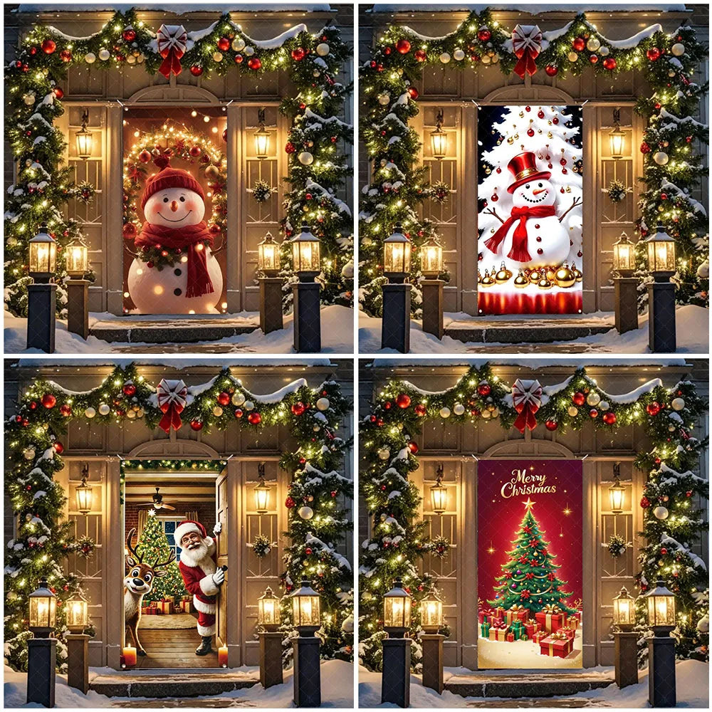 Christmas Theme Santa And Elk Backdrops Snowman Hanging Door Banner Indoor Outdoor Veranda Xmas Curtain Cover Festive Supplies