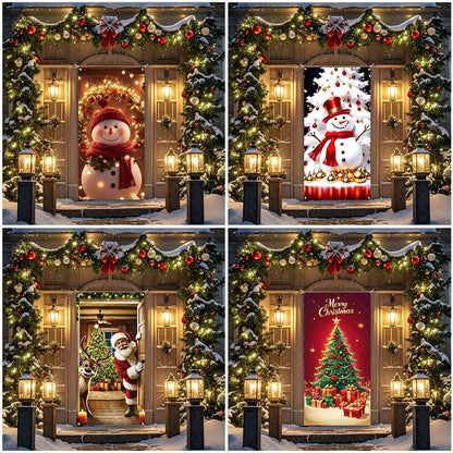 Christmas Theme Santa And Elk Backdrops Snowman Hanging Door Banner Indoor Outdoor Veranda Xmas Curtain Cover Festive Supplies