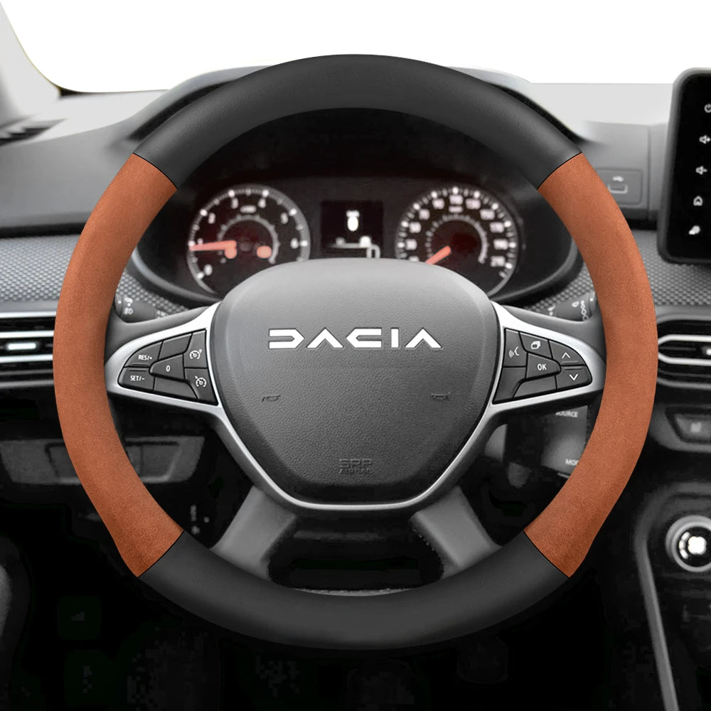 Suitable for Dacia Suede Matte Carbon Fiber Texture Steering Wheel Cover, Suitable for Models Such as Sandero Stepway, Duster, Jogger, Bigster, Spring, Electric, Cargo, Logan, Etc., Black Mocha Car Accessories