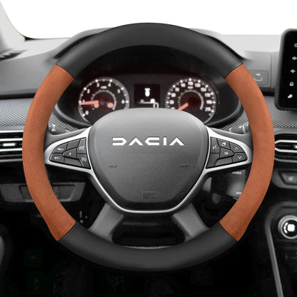 Suitable for Dacia Suede Matte Carbon Fiber Texture Steering Wheel Cover, Suitable for Models Such as Sandero Stepway, Duster, Jogger, Bigster, Spring, Electric, Cargo, Logan, Etc., Black Mocha Car Accessories