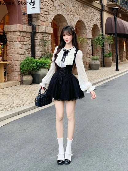 Summer New Sexy  Lace 2 Piece Set Vintage Design Halter Neck Y2k Tops + Puff Mini Skirt Female Elegant French Chic Retro Outfits