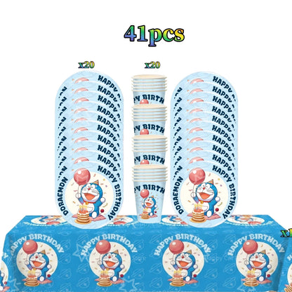 Cartoon Doraemoned Birthday Party Decoration Tableware Cup Plate Tablecloth Napkin Backdrop Cartoon Cat Party Favors Supplies