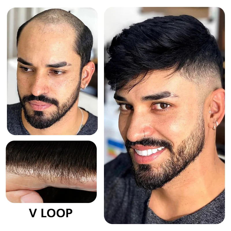 0.03mm Thin Skin Men's Wig 90% 100% Density Human Hair Men Toupee Capillary Prosthesis V Loop Natural Hairline for Hair Loss