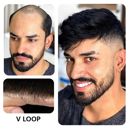 0.03mm Thin Skin Men's Wig 90% 100% Density Human Hair Men Toupee Capillary Prosthesis V Loop Natural Hairline for Hair Loss