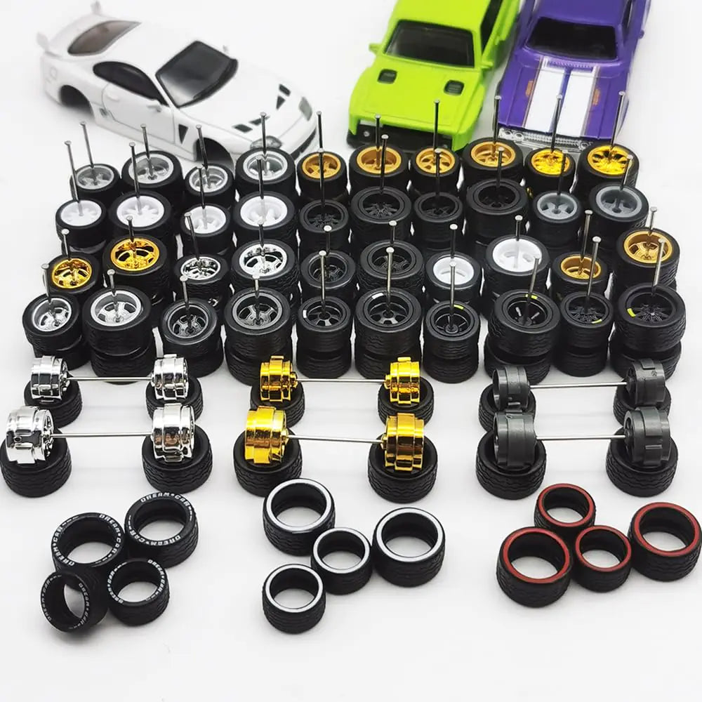 1/64 Wheels kit in Mixed Random (10 Sets Wheels 6 Set Extra Tires) Front Small Rear Big for Muscle Model Car to Upgrade Diecast Vehicles Like Racing Car Culture Real Riders Sports Series