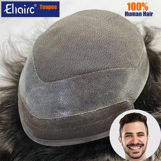 Hollywood-Toupee Lace & PU Base Human Hair Replacement System Unit Toupee Wig For Men Durable Male Hair Prosthesis Men's Wigs