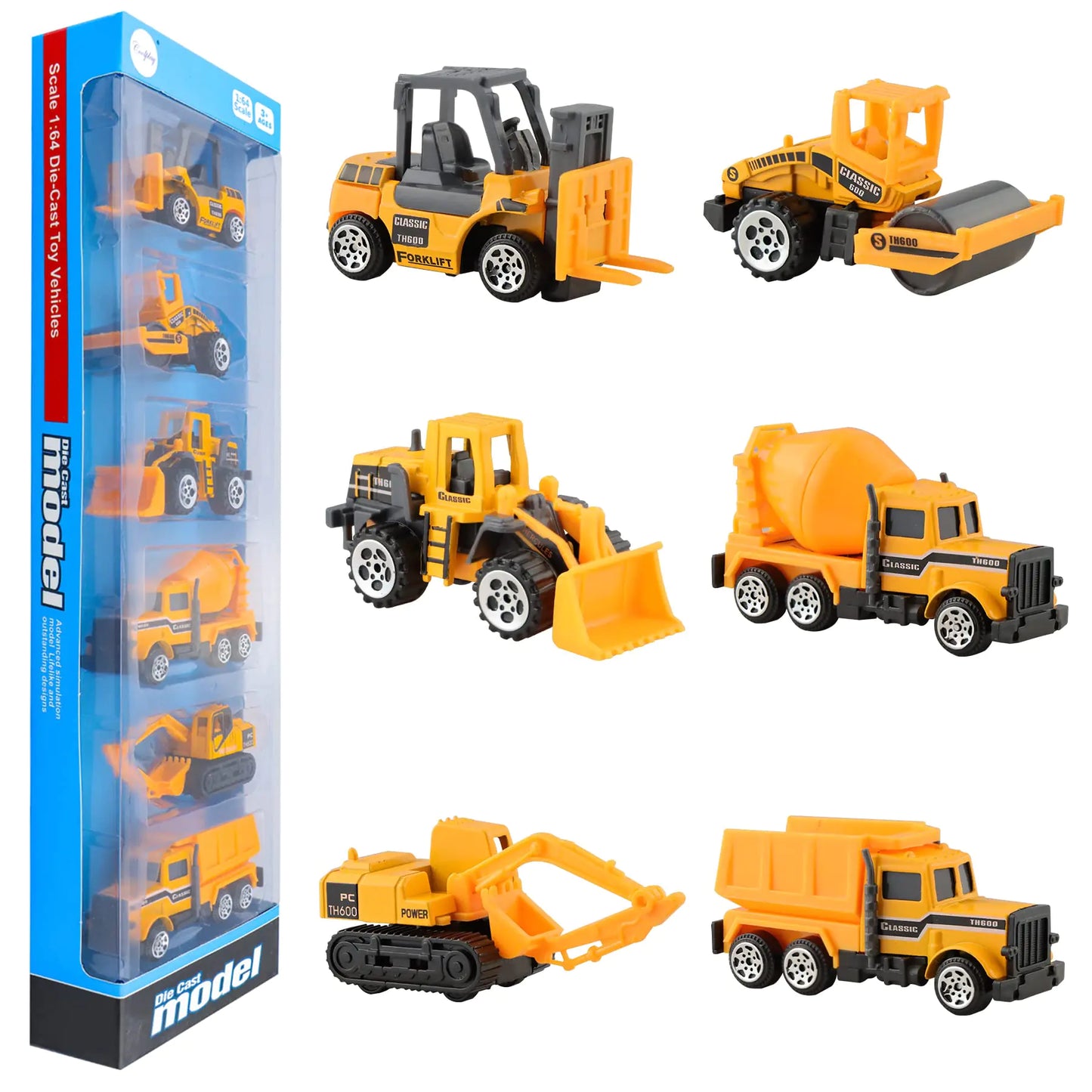 BenRich 6 Pcs Mini Die Cast Car Set 1/64 Scale Alloy Construction Trucks - Dump Truck Excavator Forklift Road Roller Bulldozer Mixer Truck - Toy Cars for Kids Boys Girls Birthday Xmas Present