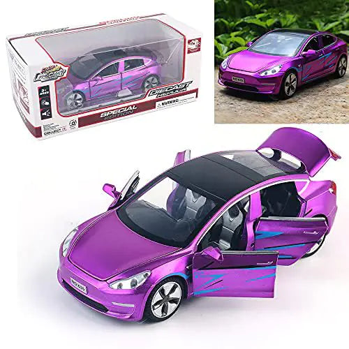 1:32 Scale Tesla Model 3 Alloy Car Model Diecast Toy Vehicles for Kids car Model Toy，Pull Back Alloy Car with Lights and Music Mini Vehicles Toys for Kids Gift ，Children Birthday Gift. (Purple)