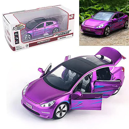 1:32 Scale Tesla Model 3 Alloy Car Model Diecast Toy Vehicles for Kids car Model Toy，Pull Back Alloy Car with Lights and Music Mini Vehicles Toys for Kids Gift ，Children Birthday Gift. (Purple)