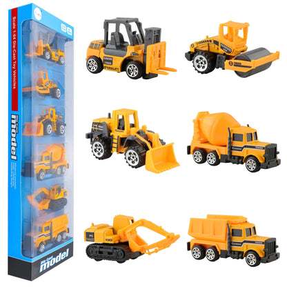 BenRich 6 Pcs Mini Die Cast Car Set 1/64 Scale Alloy Construction Trucks - Dump Truck Excavator Forklift Road Roller Bulldozer Mixer Truck - Toy Cars for Kids Boys Girls Birthday Xmas Present