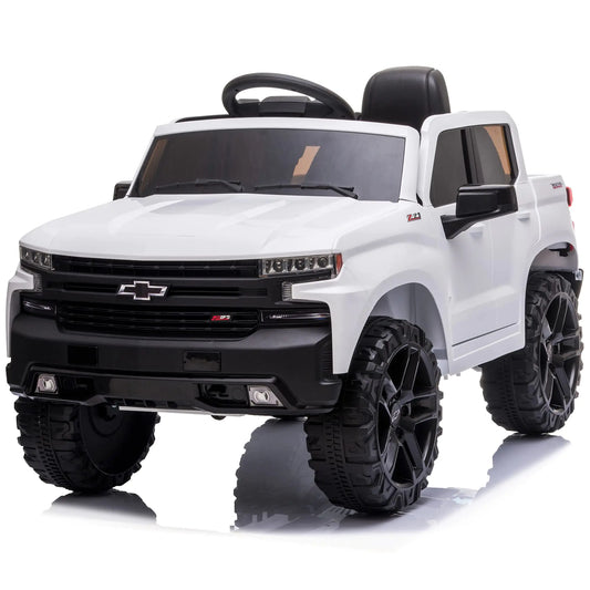 Kidzone 12V Battery Powered Licensed Chevrolet Silverado Trail Boss LT Kids Ride On Truck Car Electric Vehicle Jeep with Remote Control MP3 LED Lights - White